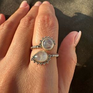 Genuine Moonstone Bypass Ring Blue/White Double Stone Twisted Rope Band